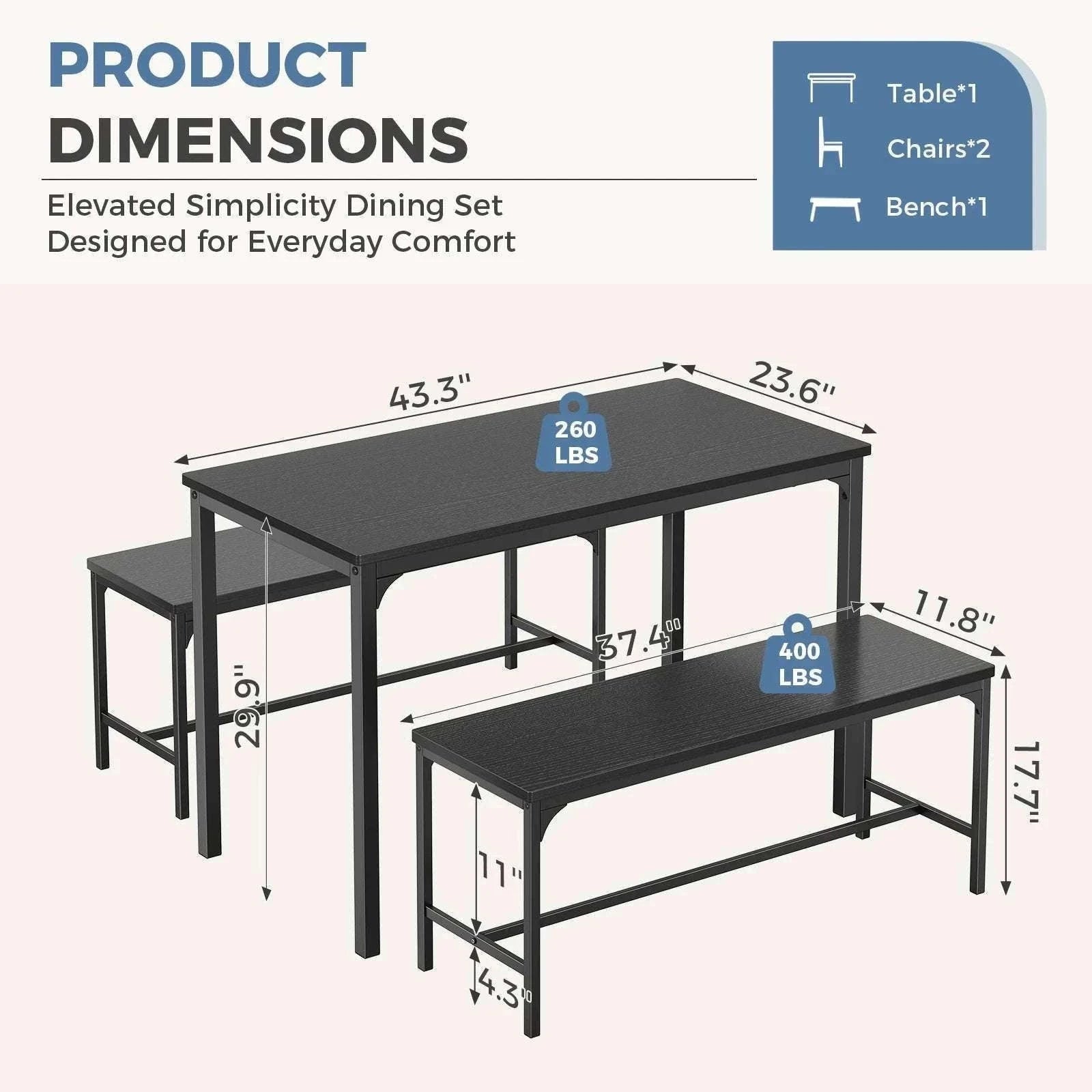 Space-Saving 3-Piece Dining Table Set with Chairs for 4-LIGHT GRAY / United States