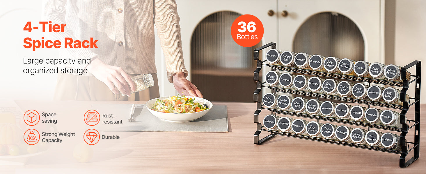 Spice Rack Organizer for Cabinet with 36 Empty Spice Jars, Lids, Labels and Funnel