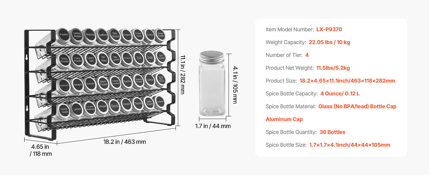 Spice Rack Organizer for Cabinet with 36 Empty Spice Jars, Lids, Labels and Funnel-6 Layers / CZECH REPUBLIC