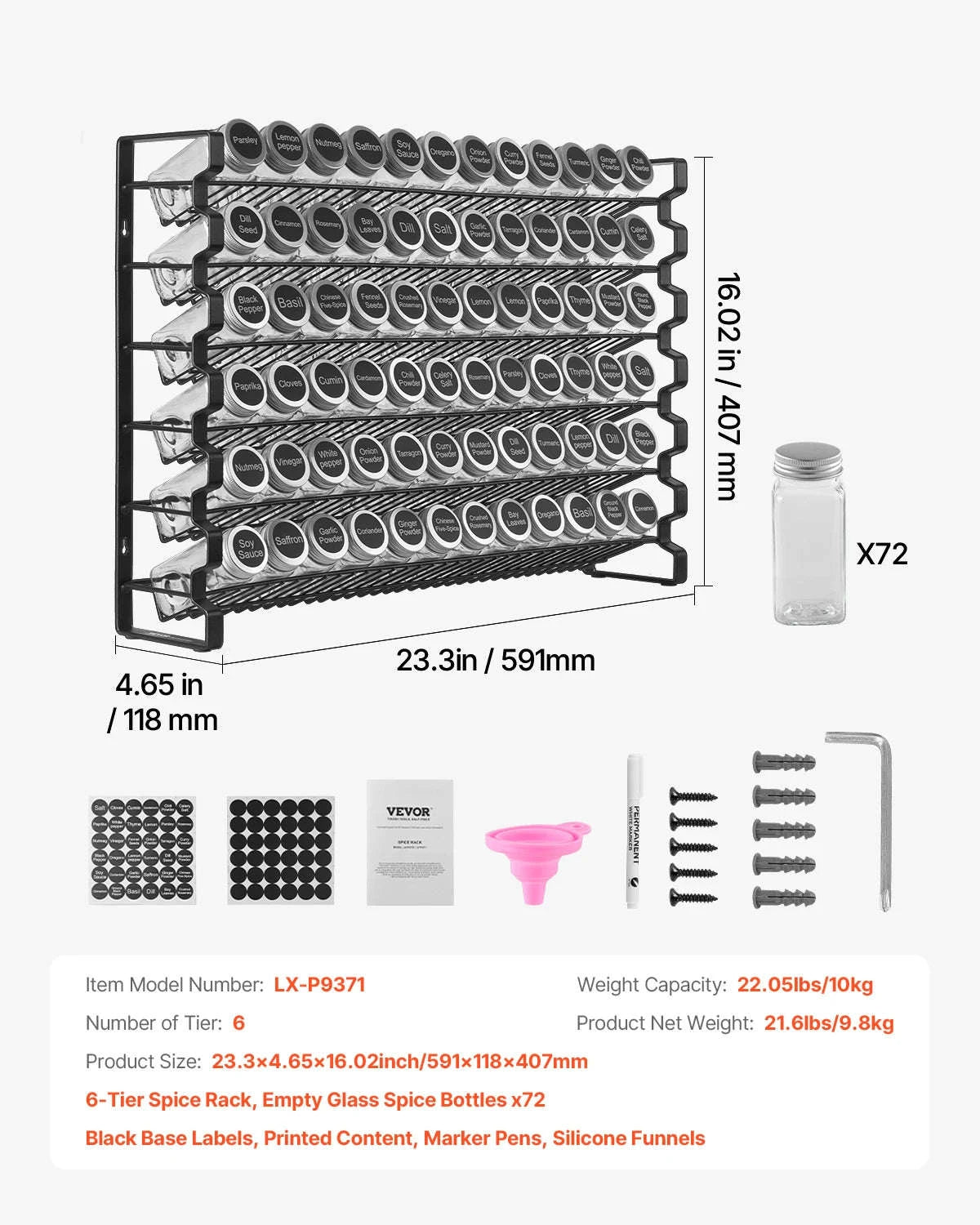 Spice Rack Organizer for Cabinet with 36 Empty Spice Jars, Lids, Labels and Funnel-6 Layers / CZECH REPUBLIC