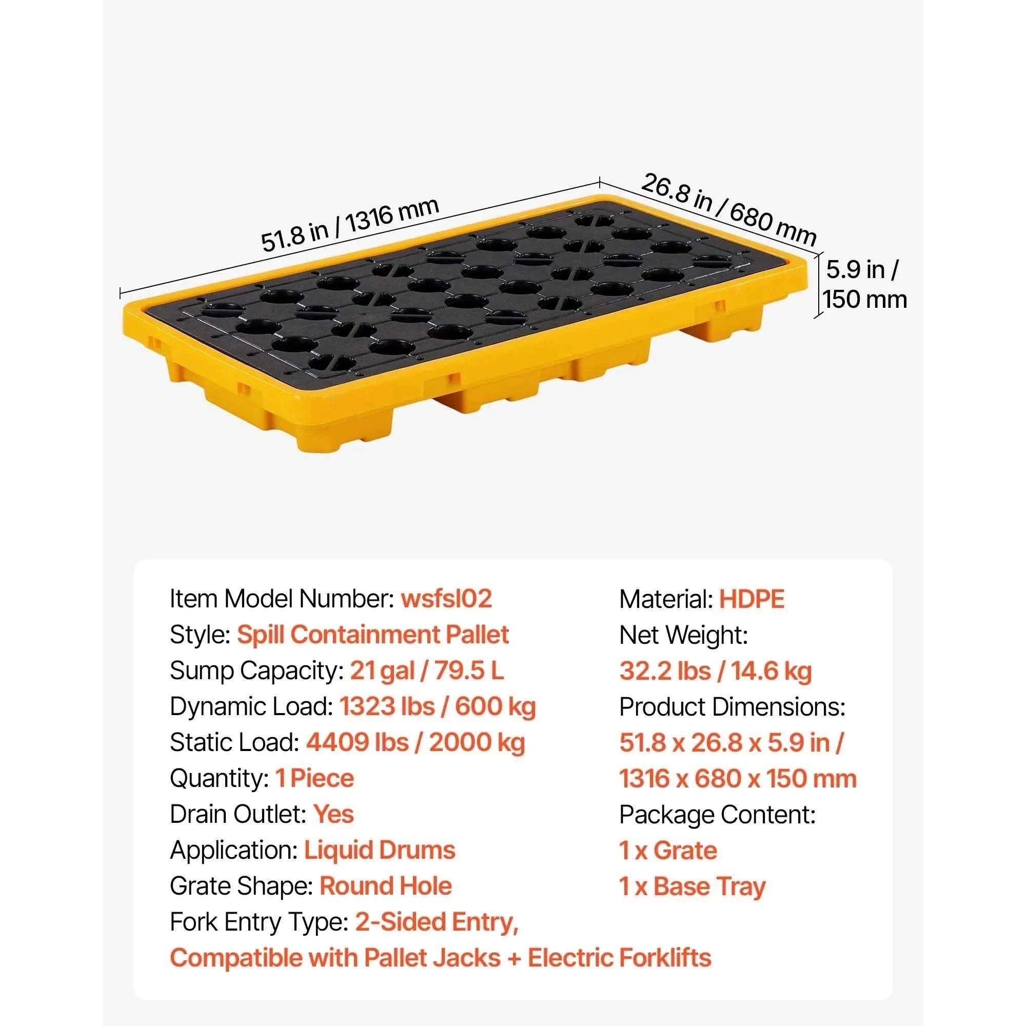 Spill Containment Pallet with Drain for 1–4 Drums (11.4–31 Gal)-11.4Gal Sump / United States