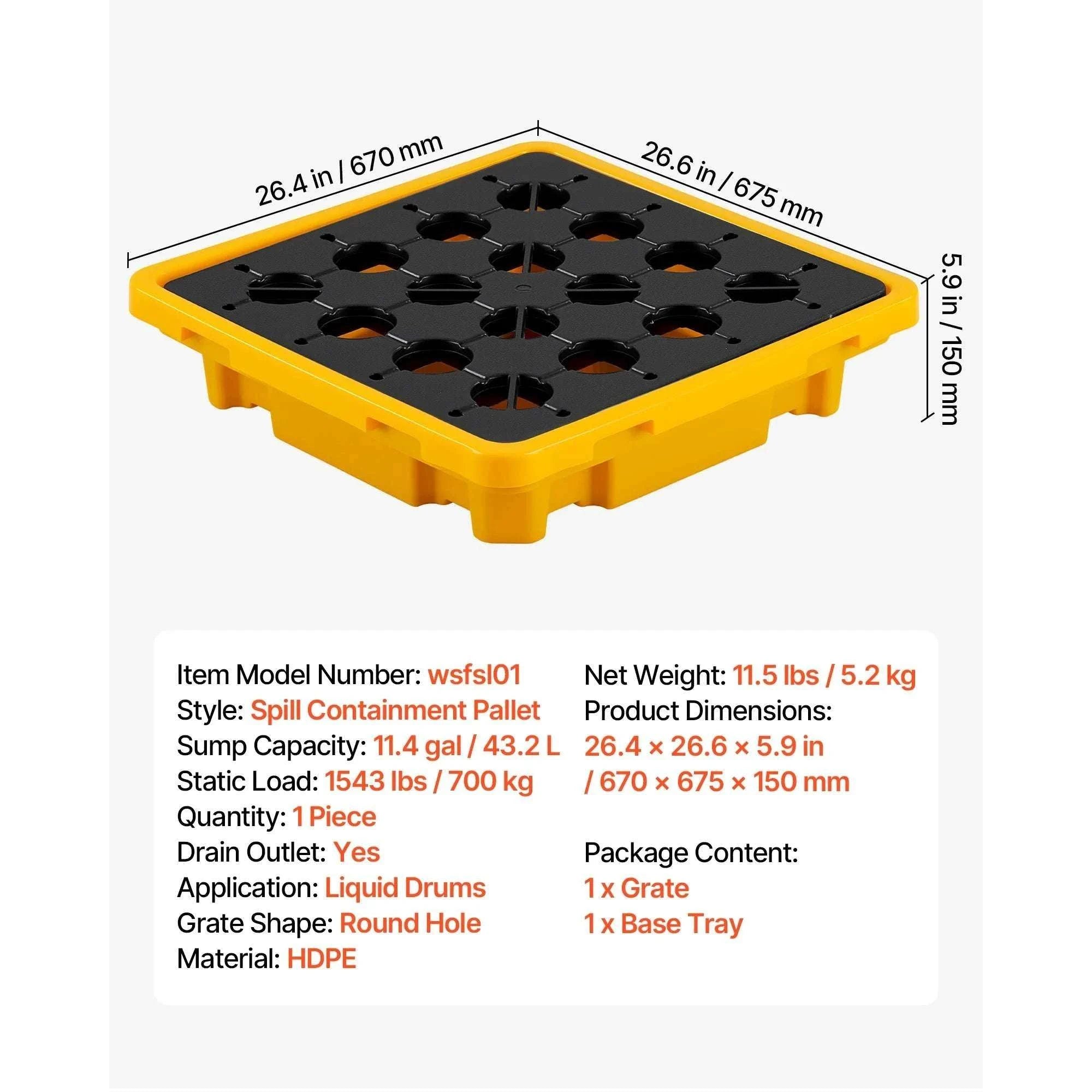 Spill Containment Pallet with Drain for 1–4 Drums (11.4–31 Gal)-11.4Gal Sump / United States