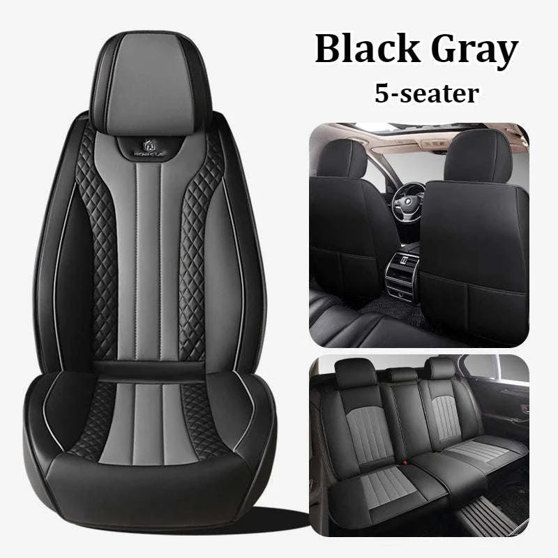 Sporty 5‑Seat PU Leather Car Seat Covers with 3D Embroidery-Black Gray