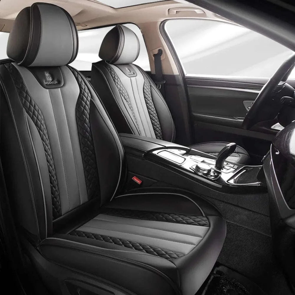Sporty 5‑Seat PU Leather Car Seat Covers with 3D Embroidery-Black Gray