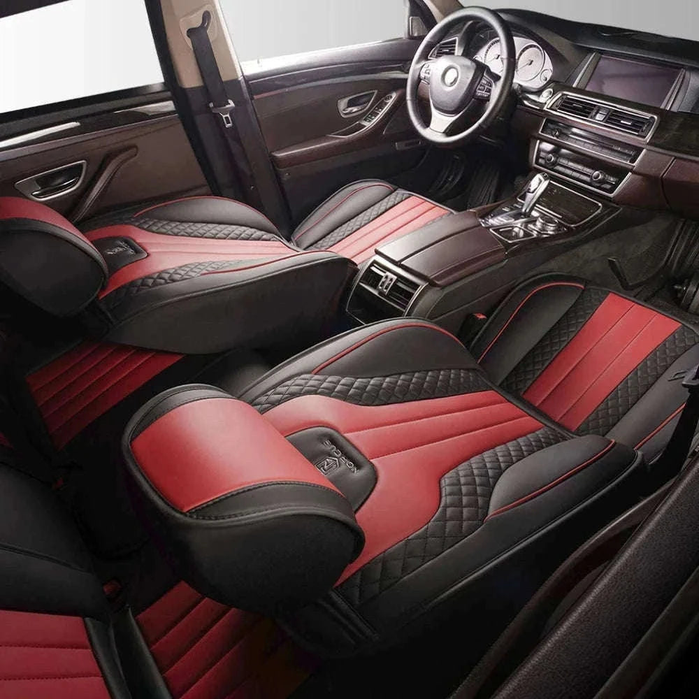 Sporty 5-Seat PU Leather Car Seat Covers with 3D Embroidery-Black red