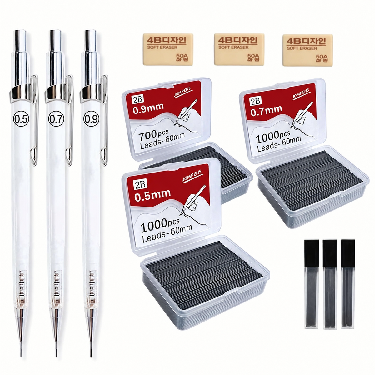 Transparent Mechanical Pencil Set with 2B Leads, 0.5/0.7/0.9 mm