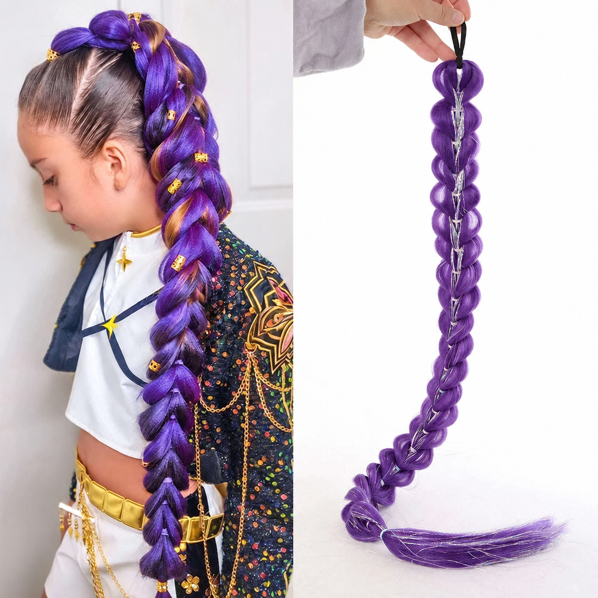 32-Inch Purple Braided Ponytail with Shiny Tinsel