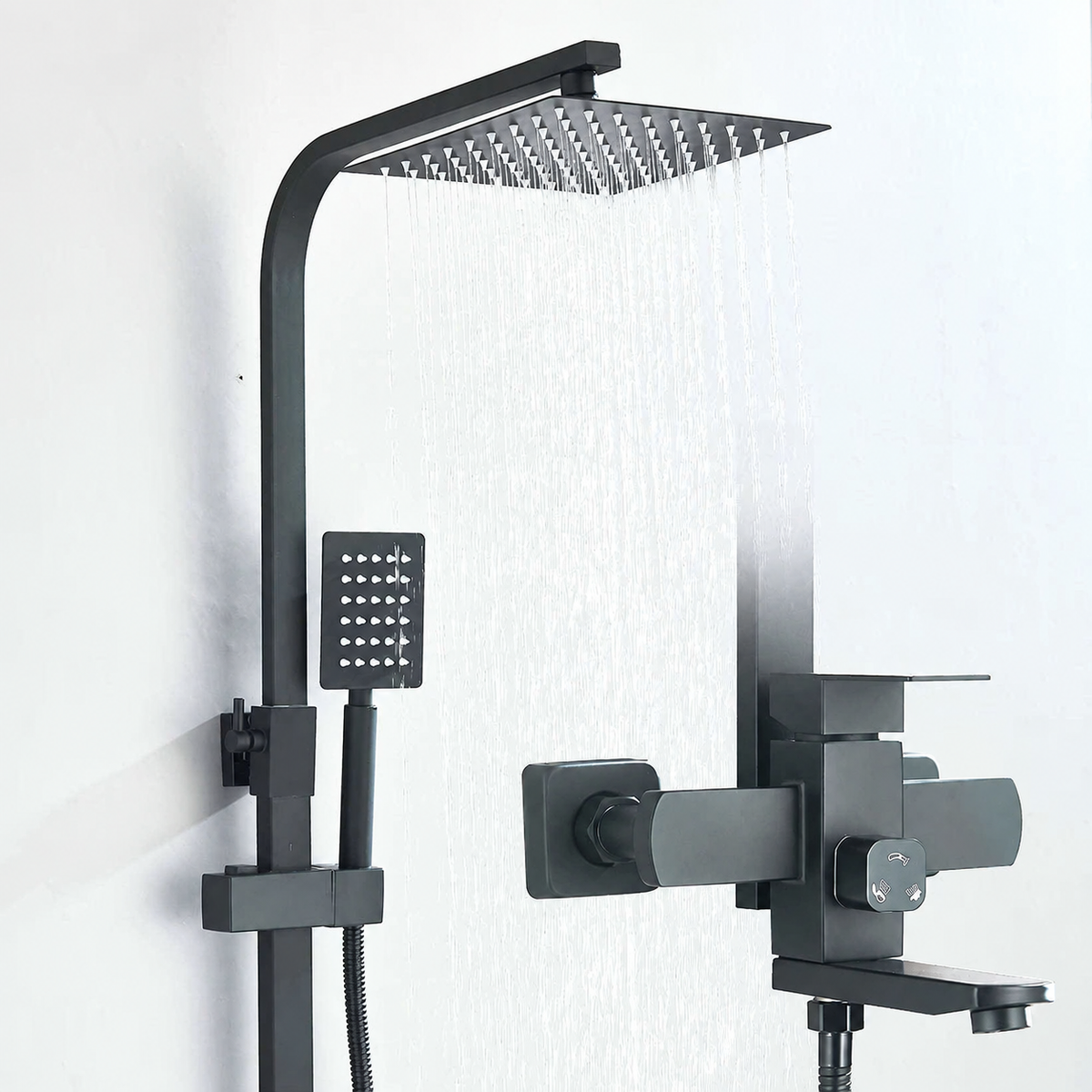 Black Wall Mounted Shower Faucet Set with Swivel Spout