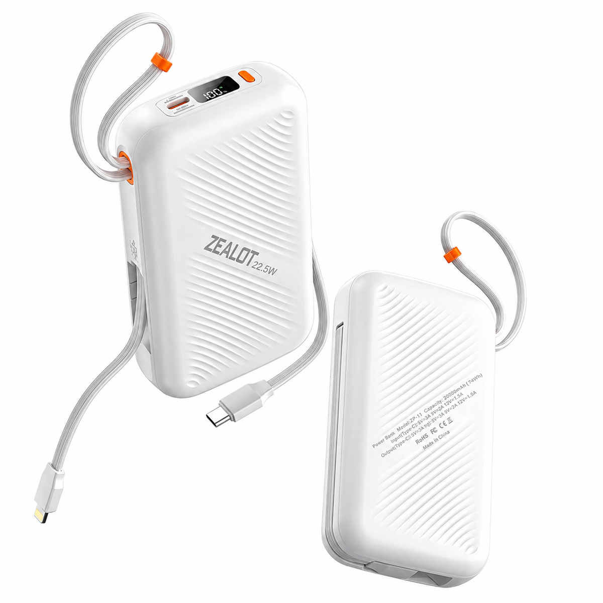 20000mAh Portable Power Bank with USB-C Cable and Digital Display