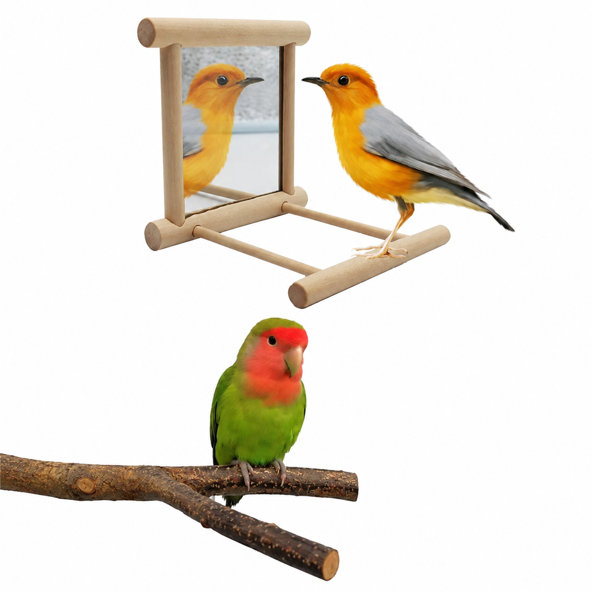 Wooden Bird Mirror with Perch Options