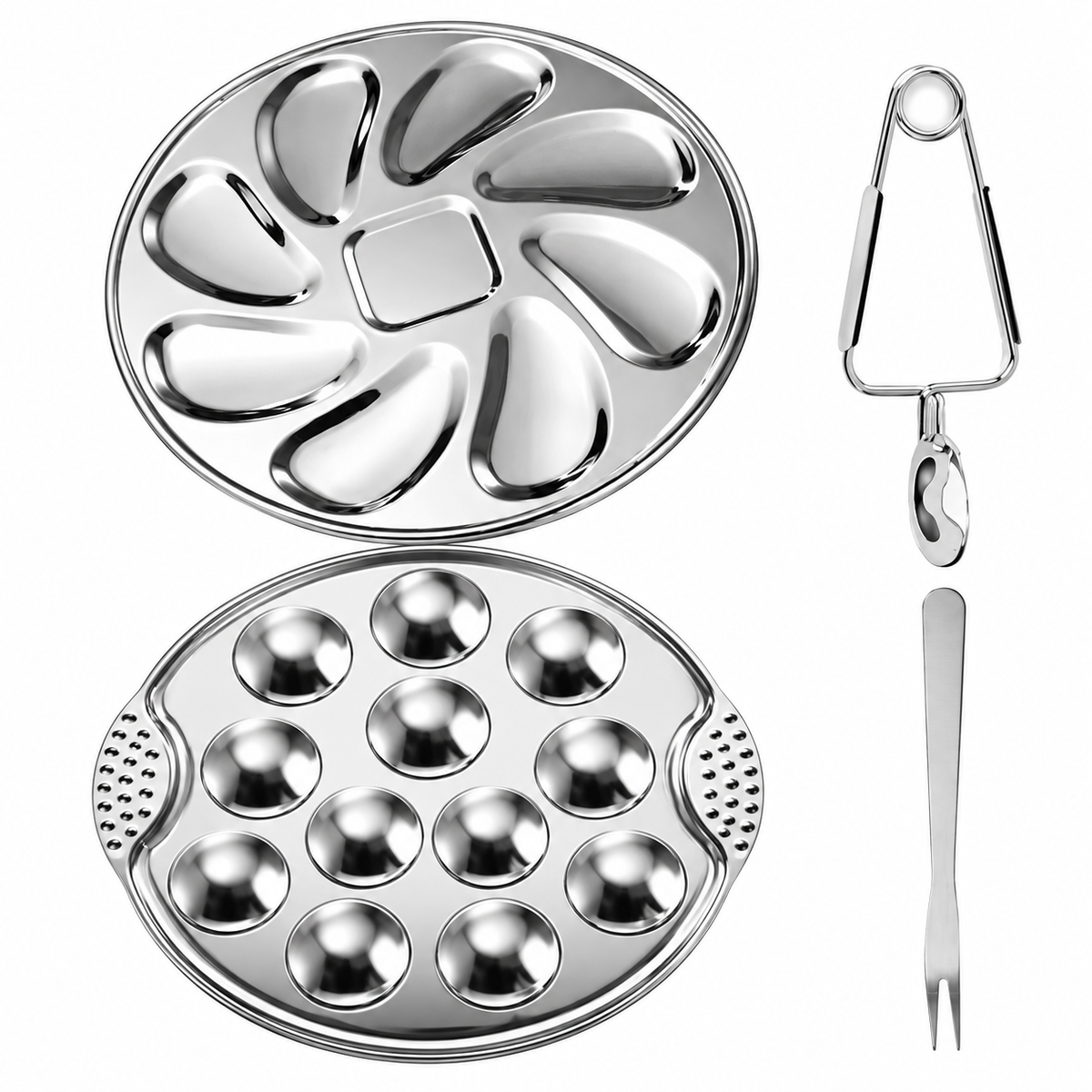 Stainless-Steel Oyster Plate or Escargot Serving Set