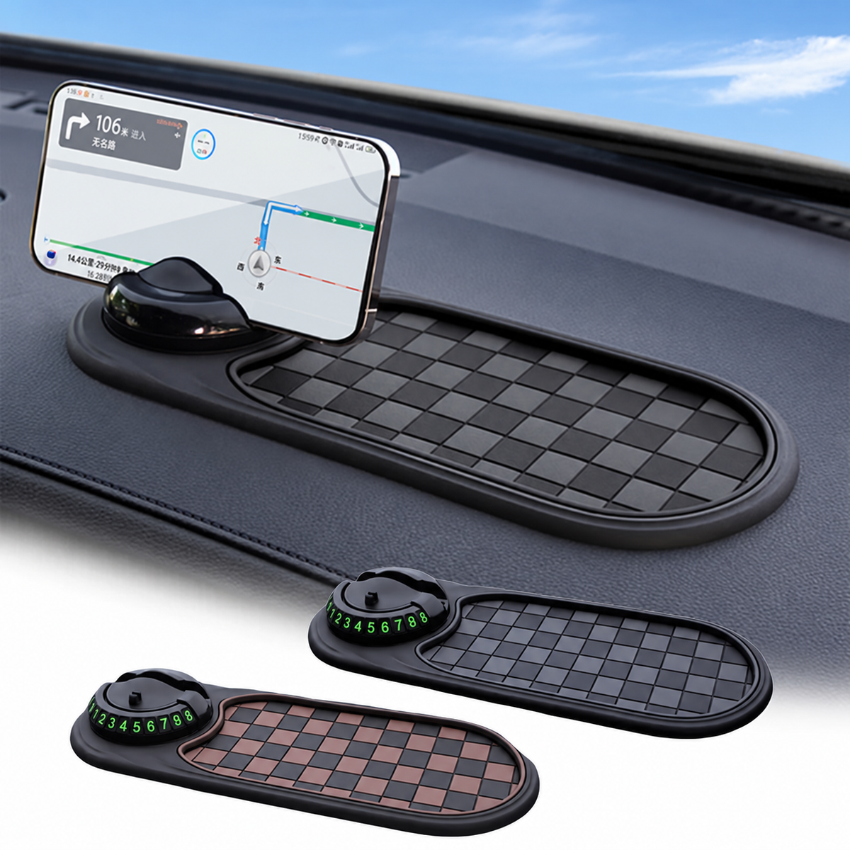 Dashboard Mat with Rotating Phone Holder and Parking Number Display