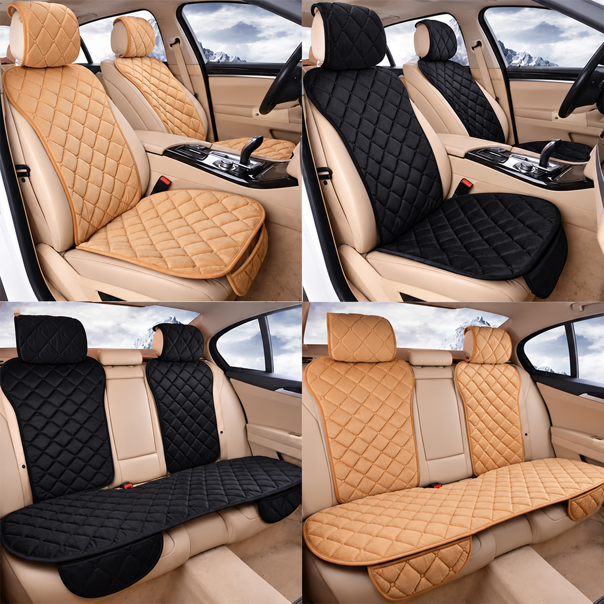 Plush Car Seat Covers – Front or Rear, Black/Grey/Khaki