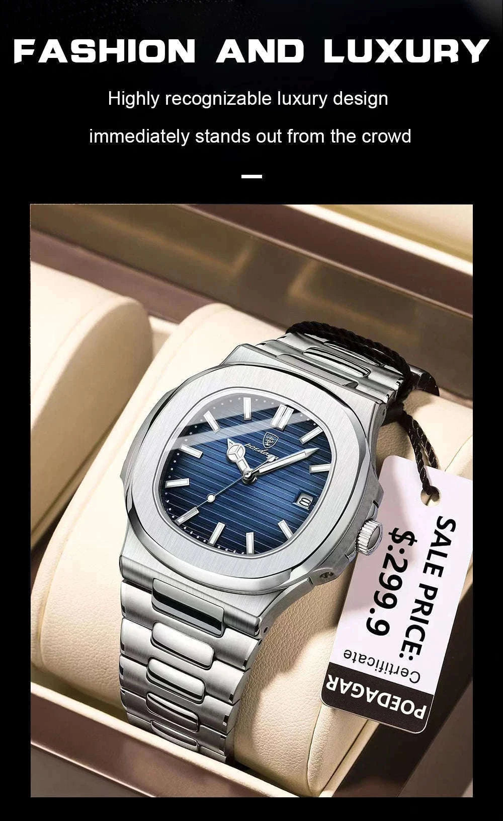 Square Luxury Men Wristwatch with Luminous Hands and Date-613 Silver White
