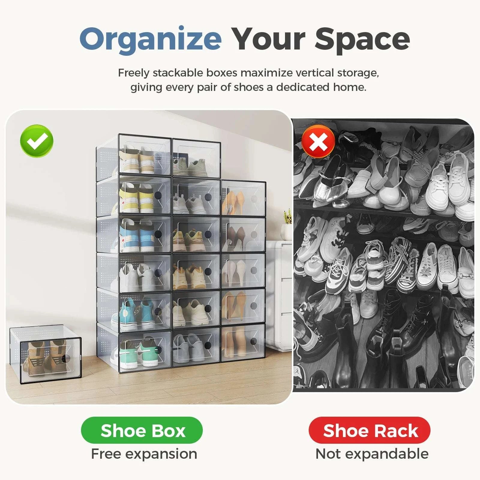 Stackable Clear Shoe Organizer Boxes with Lids (12/15 Pack)-12pc Black / United States