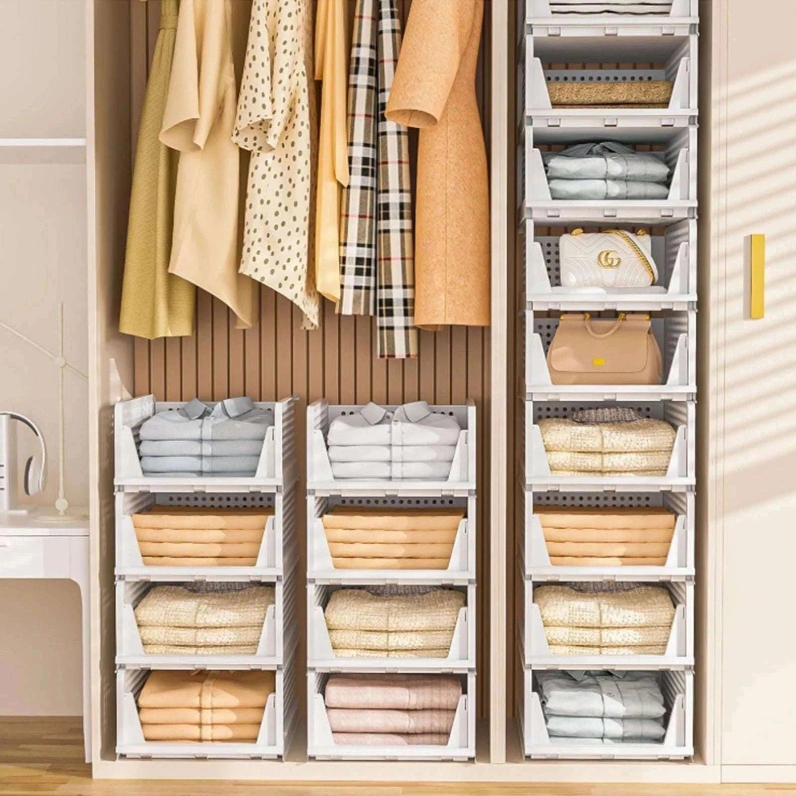 Stackable Folding Wardrobe Storage Boxes with Pull-Out Drawers-ES-GRAY-4PCS / france