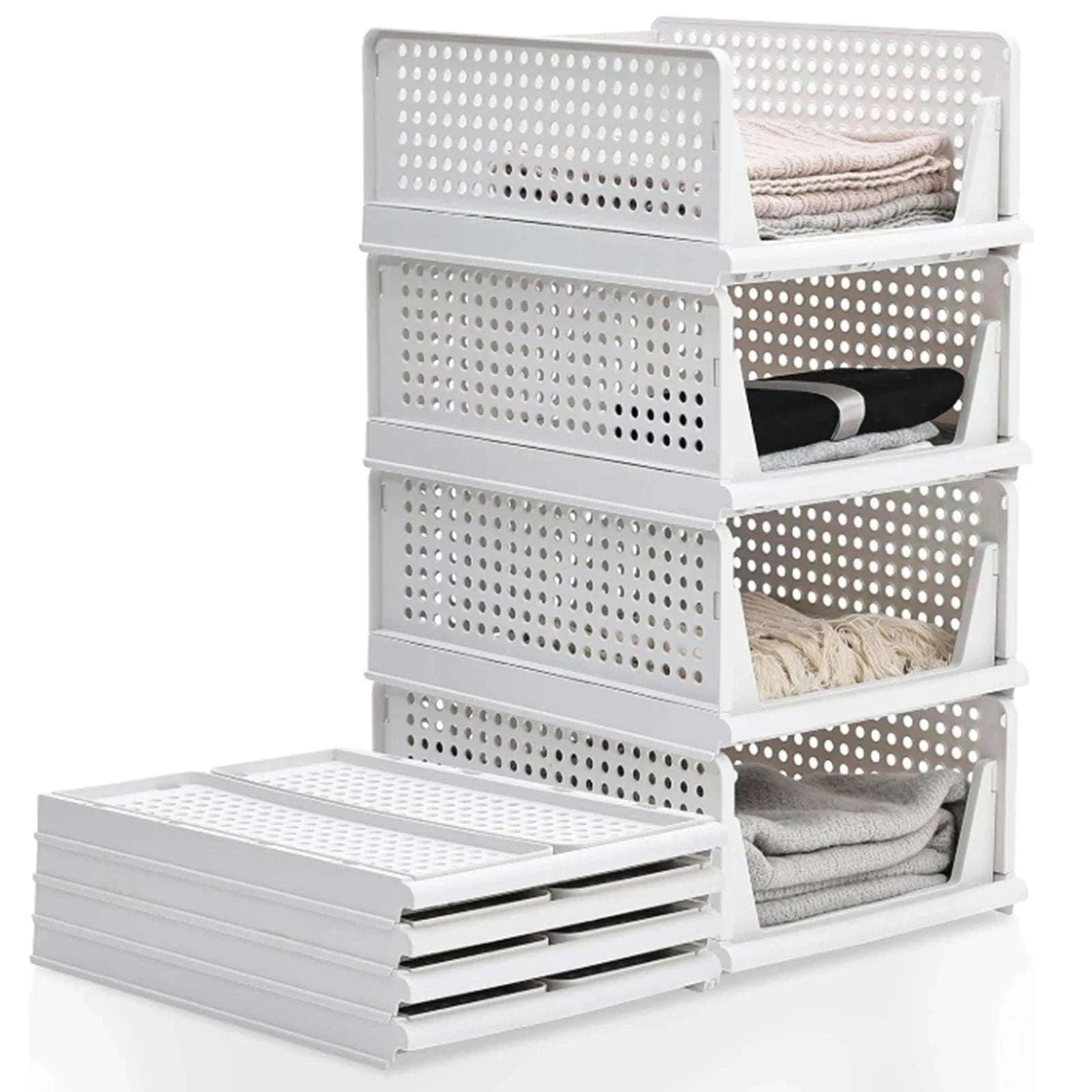 Stackable Folding Wardrobe Storage Boxes with Pull-Out Drawers-ES-GRAY-4PCS / france