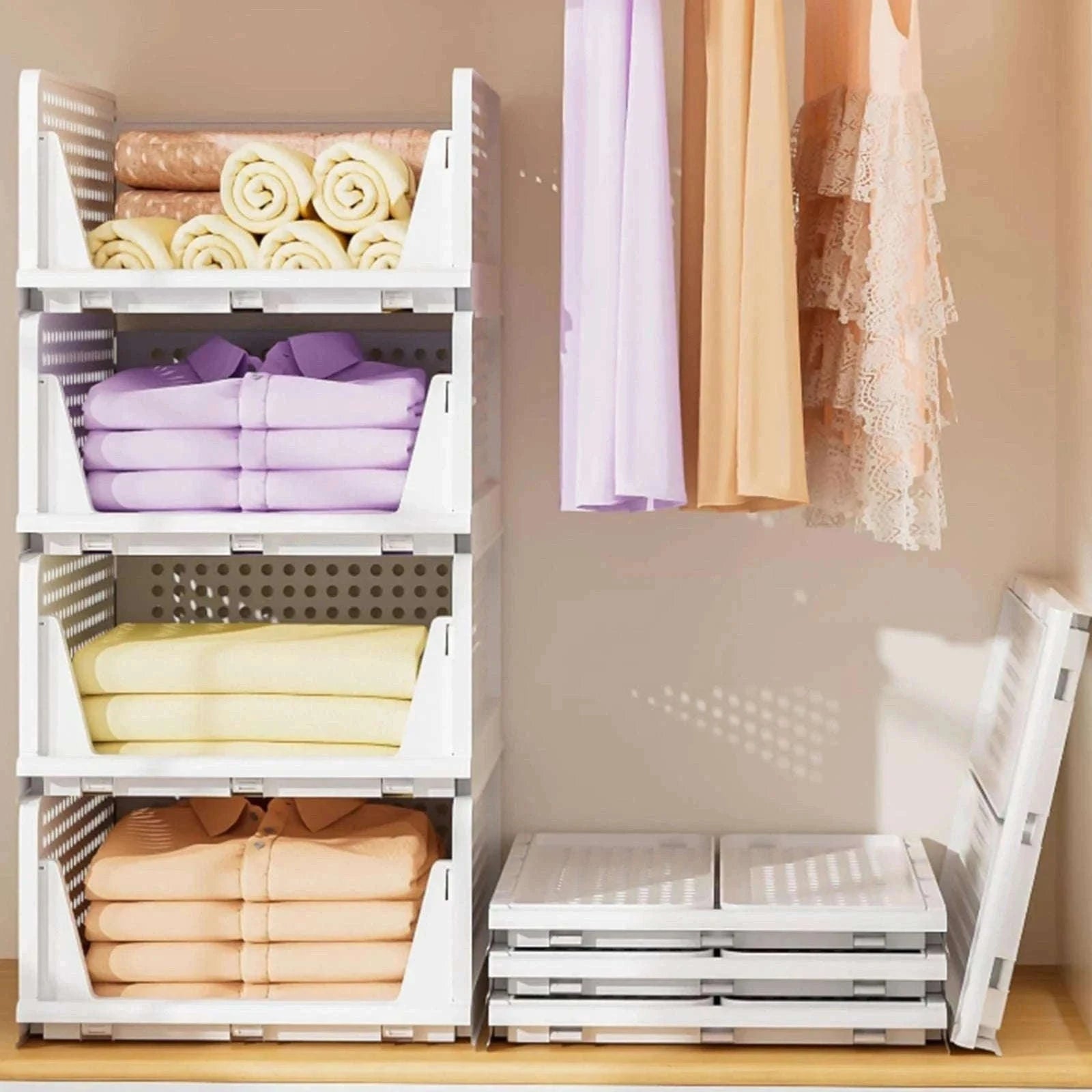 Stackable Folding Wardrobe Storage Boxes with Pull-Out Drawers-ES-GRAY-4PCS / france