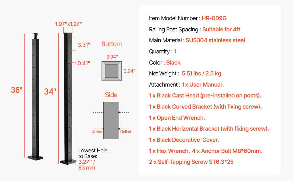 Stainless Steel Cable Railing Corner Post with Pre-Drilled L Holes-Type A / spain