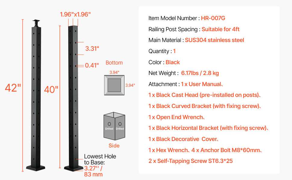 Stainless Steel Cable Railing Corner Post with Pre-Drilled L Holes-Type A / spain