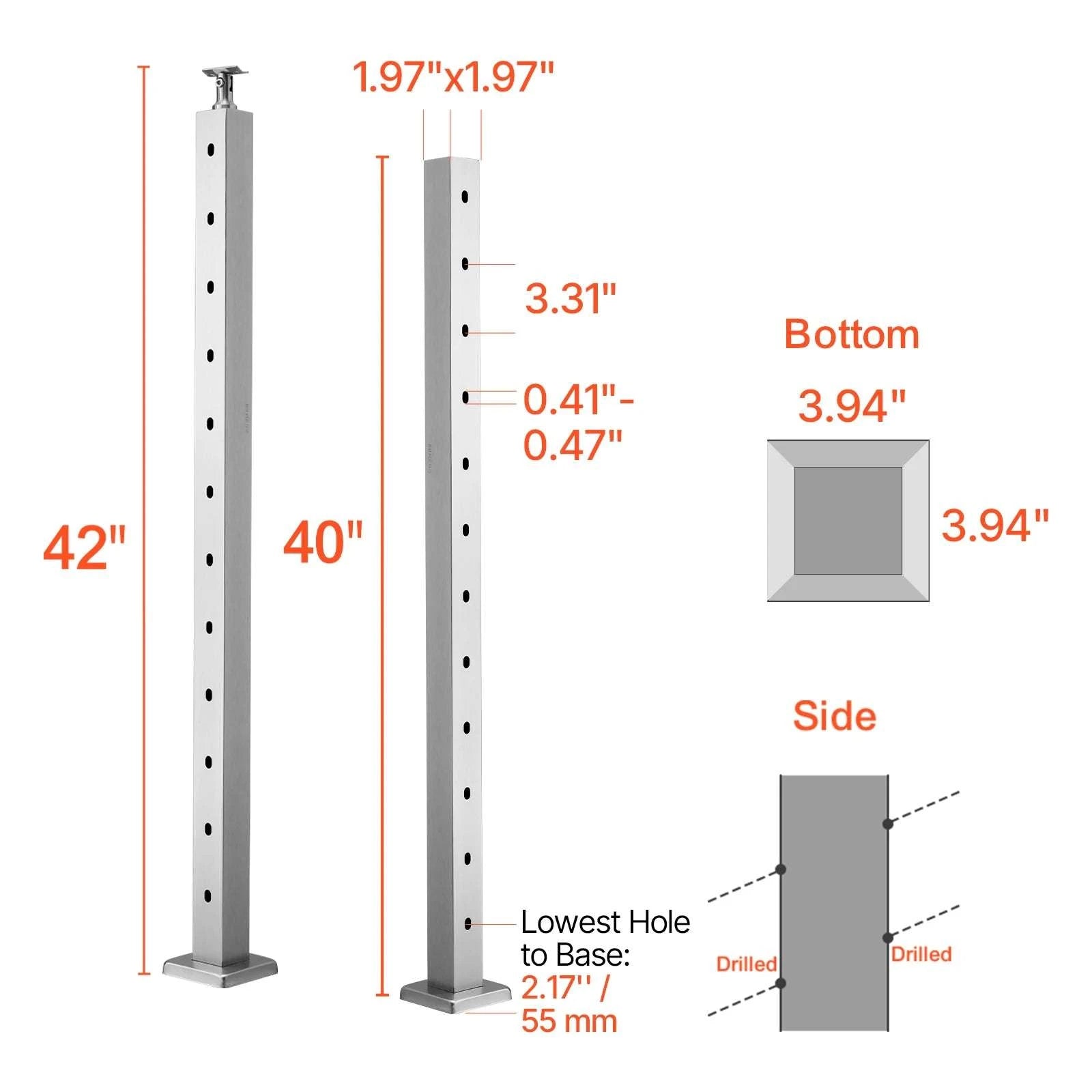 Stainless Steel Cable Railing Corner Post with Pre-Drilled L Holes-Type A / spain