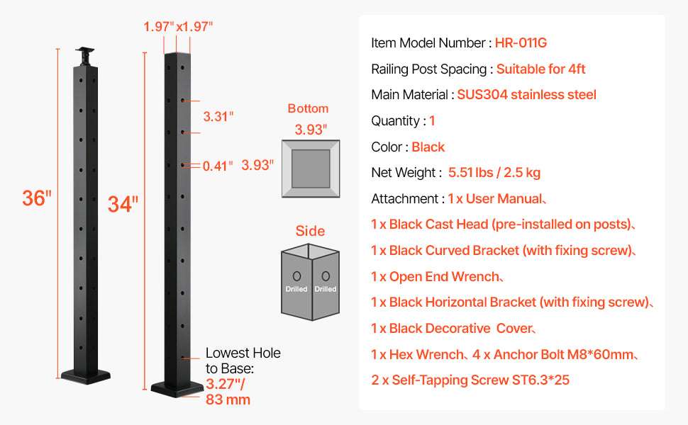Stainless Steel Cable Railing Corner Post with Pre-Drilled L Holes-Type A / spain