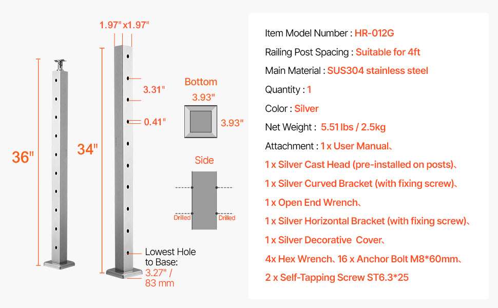Stainless Steel Cable Railing Corner Post with Pre-Drilled L Holes-Type A / spain