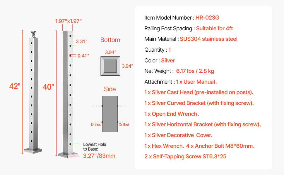 Stainless Steel Cable Railing Corner Post with Pre-Drilled L Holes-Type A / spain