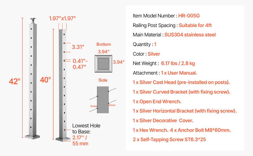 Stainless Steel Cable Railing Corner Post with Pre-Drilled L Holes-Type A / spain