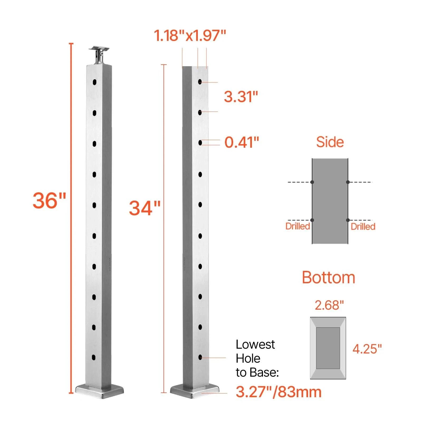 Stainless Steel Cable Railing Corner Post with Pre-Drilled L Holes-Type A / spain