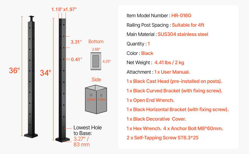 Stainless Steel Cable Railing Corner Post with Pre-Drilled L Holes-Type A / spain