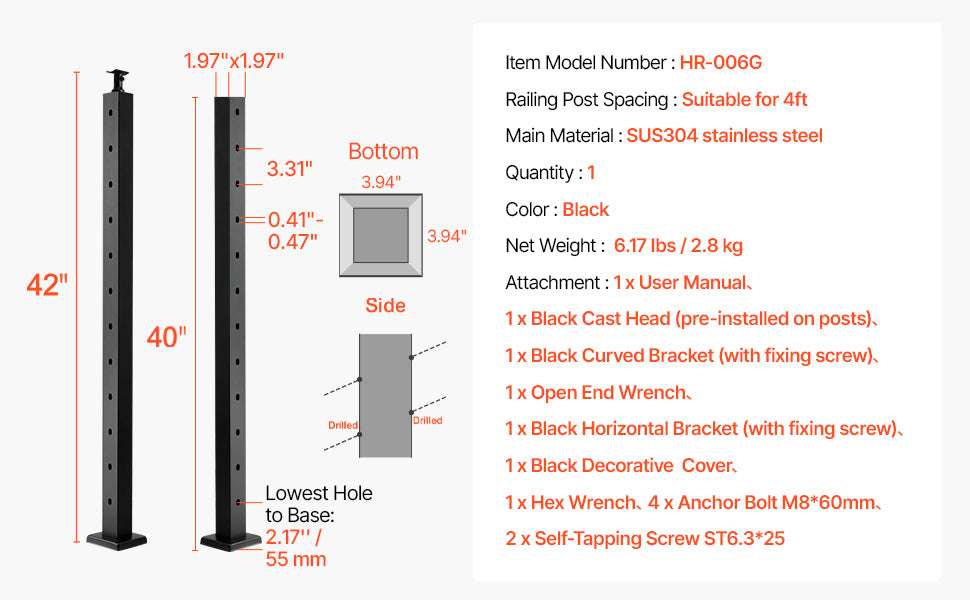 Stainless Steel Cable Railing Corner Post with Pre-Drilled L Holes-Type A / spain
