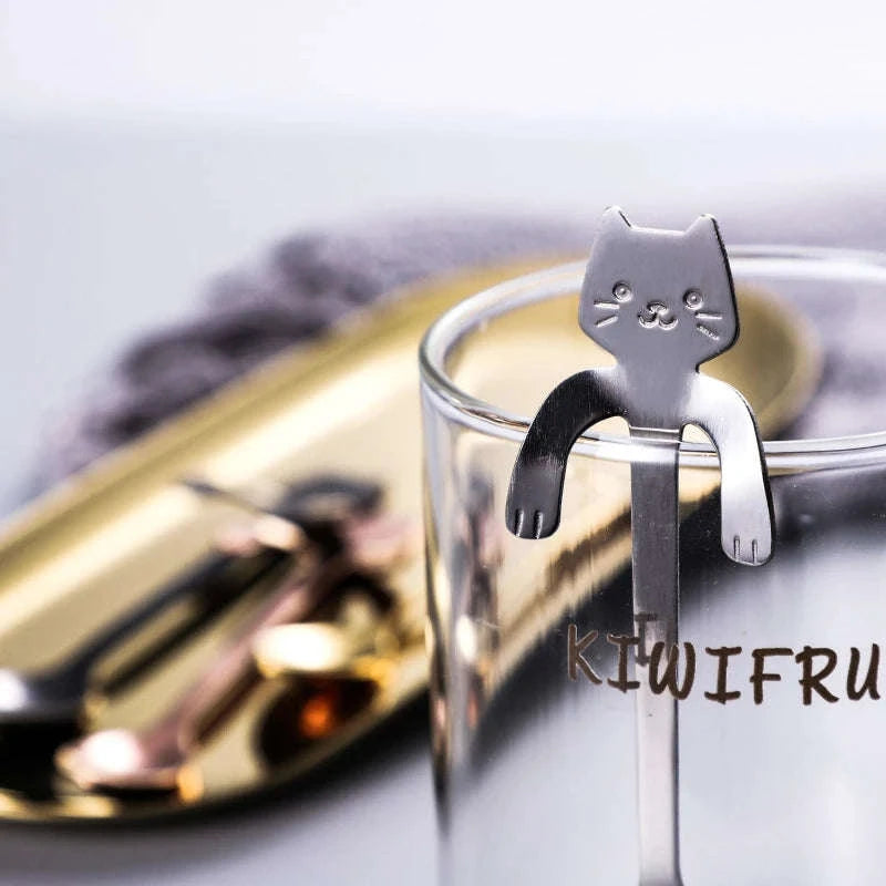 Stainless Steel Coffee Spoon Lovely Cute Cat Shape Teaspoon Dessert Snack Scoop Ice Cream Mini Spoons Tableware Kitchen Tools-Gold