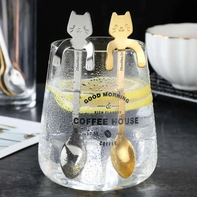 Stainless Steel Coffee Spoon Lovely Cute Cat Shape Teaspoon Dessert Snack Scoop Ice Cream Mini Spoons Tableware Kitchen Tools-Gold