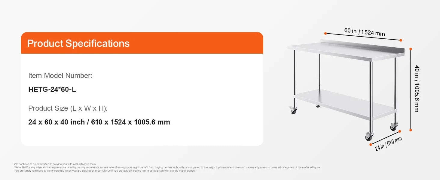 Stainless Steel Commercial Food Prep Work Table with Casters-24 x 60 in / CZECH REPUBLIC