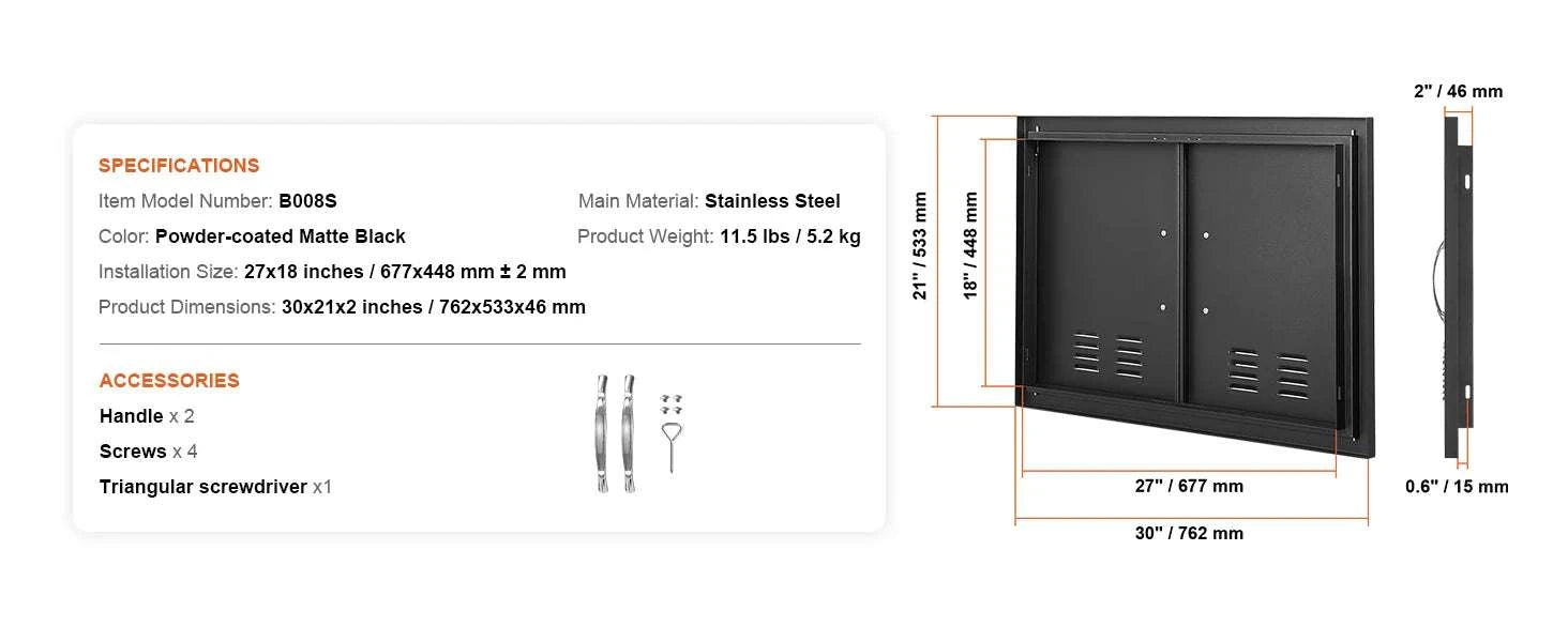 Stainless Steel Double BBQ Access Door with Vents for Outdoor Kitchen-black 30x21in / United States