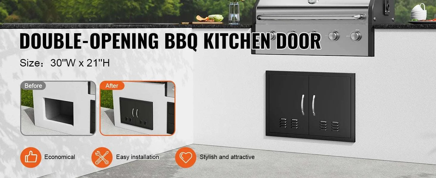 Stainless Steel Double BBQ Access Door with Vents for Outdoor Kitchen-black 30x21in / United States