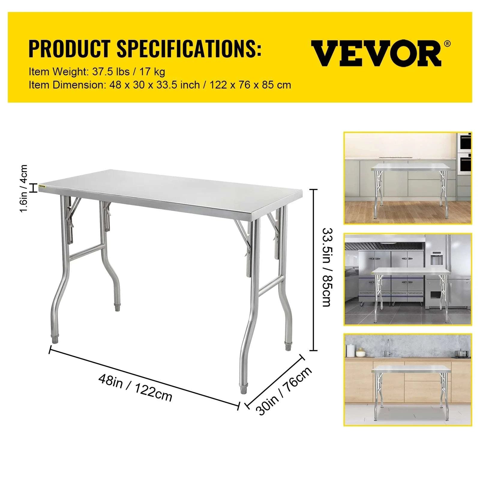 Stainless Steel Folding Work Table with Adjustable Shelf Storage-1 shelf 48x24 inch / france