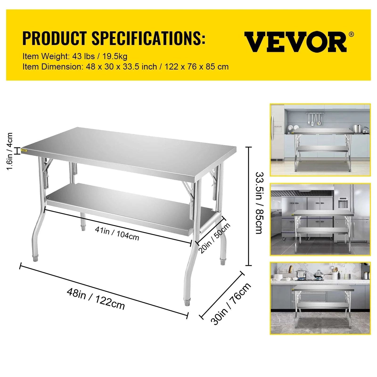Stainless Steel Folding Work Table with Adjustable Shelf Storage-1 shelf 48x24 inch / france