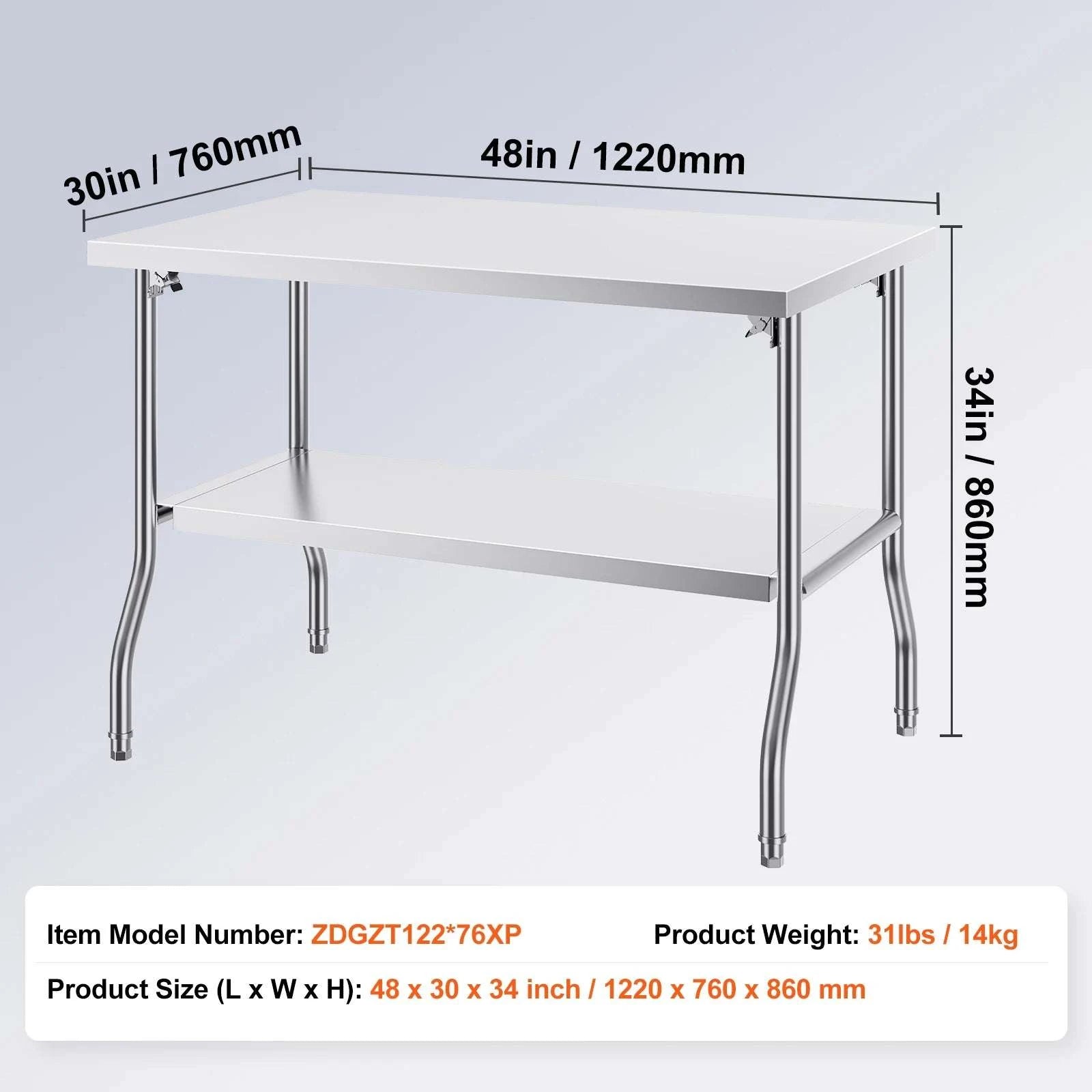 Stainless Steel Folding Work Table with Adjustable Shelf Storage-1 shelf 48x24 inch / france