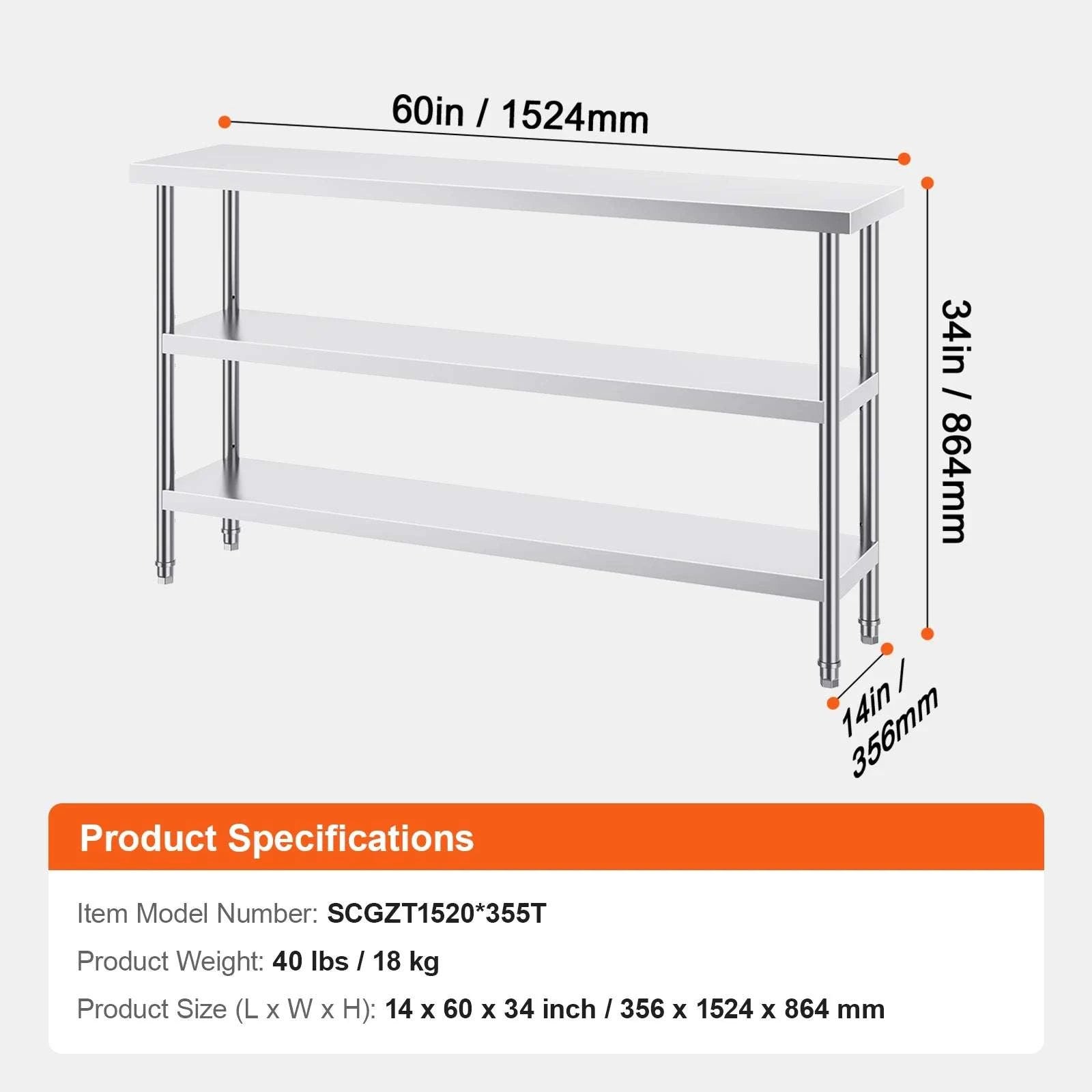 Stainless Steel Food Prep Table with Adjustable Shelves for Kitchen-14x24inch / United States