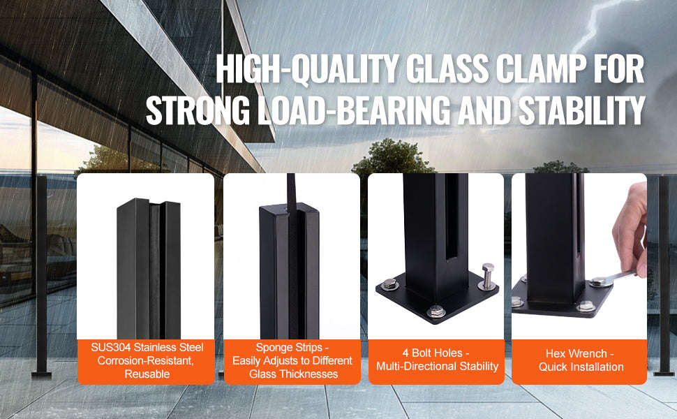 Stainless Steel Glass Clamp Railing Bracket for 0.39-0.47 in Tempered Glass, 41.34 in Height-95cm / CZECH REPUBLIC
