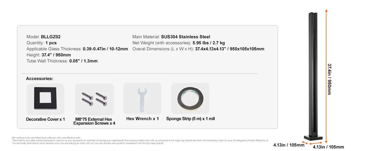 Stainless Steel Glass Clamp Railing Bracket for 0.39-0.47 in Tempered Glass, 41.34 in Height-95cm / CZECH REPUBLIC