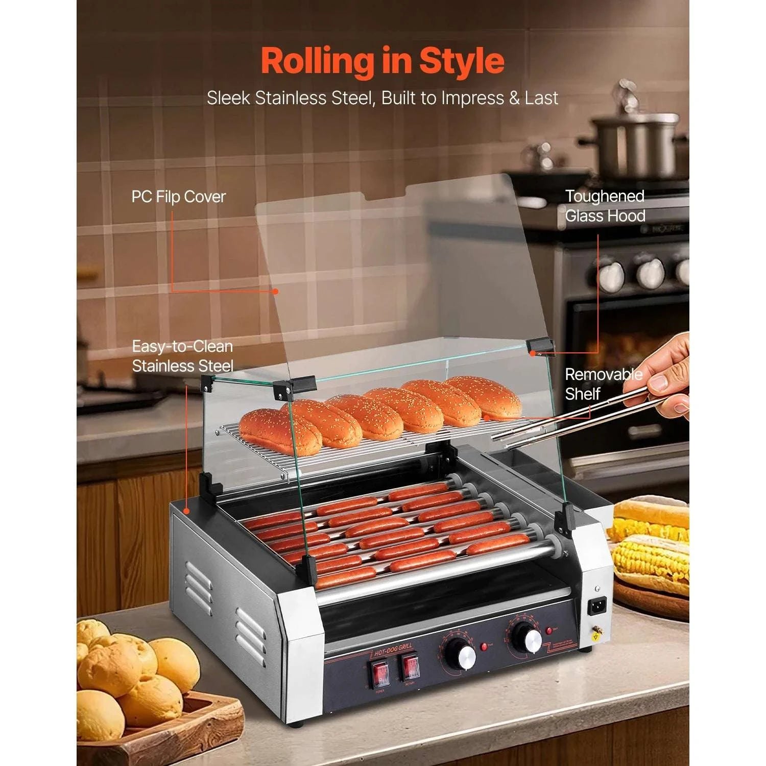Stainless Steel Hot Dog Roller Grill with Dual Temperature Control-5 Rollers / United States