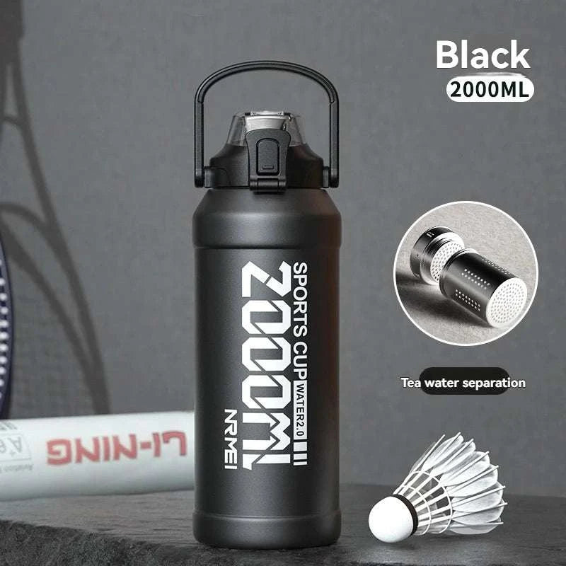 Stainless Steel Insulated Water Bottle with Straw and Handle-1500ML BLACK GRAY / 2.0L