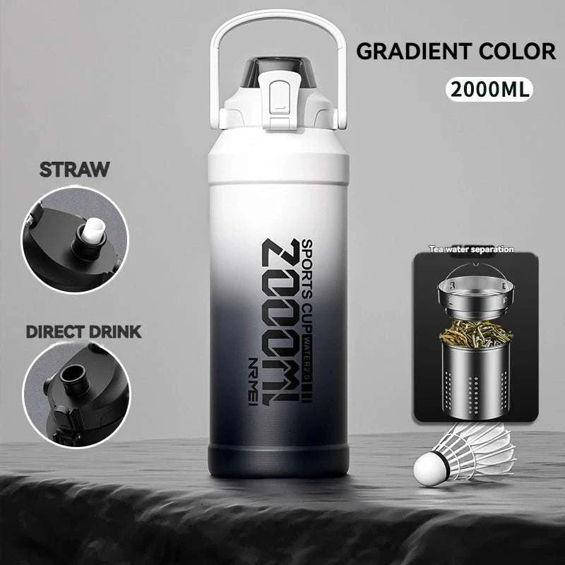 Stainless Steel Insulated Water Bottle with Straw and Handle-1500ML BLACK GRAY / 2.0L