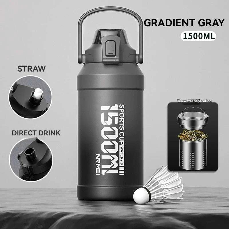 Stainless Steel Insulated Water Bottle with Straw and Handle-1500ML BLACK GRAY / 2.0L