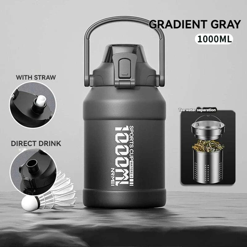 Stainless Steel Insulated Water Bottle with Straw and Handle-1500ML BLACK GRAY / 2.0L