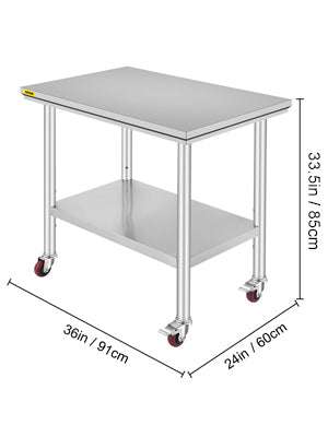 Stainless Steel Kitchen Prep Table with Wheels & Adjustable Shelf-36 x 30 inch / United States