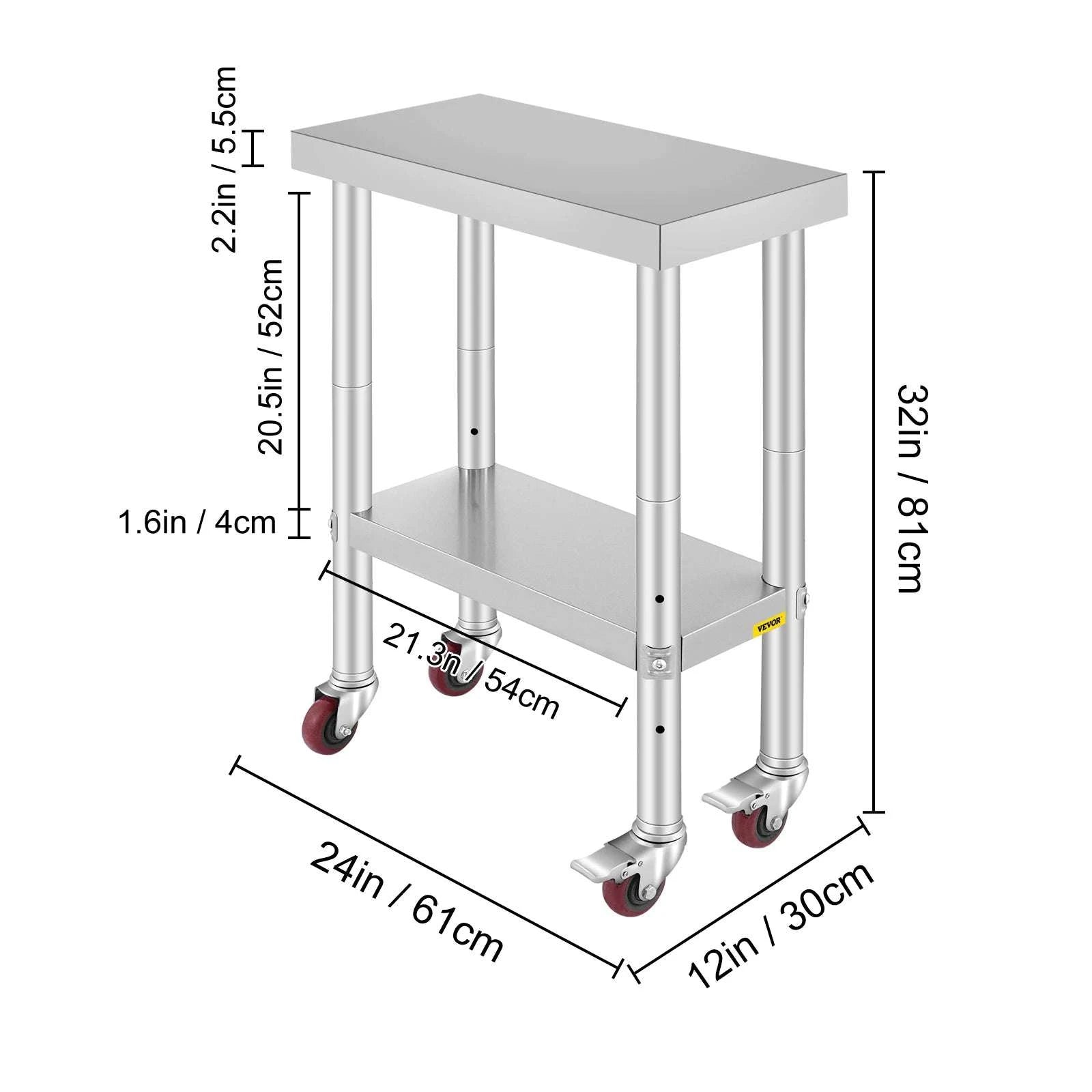 Stainless Steel Kitchen Prep Table with Wheels & Adjustable Shelf-36 x 30 inch / United States